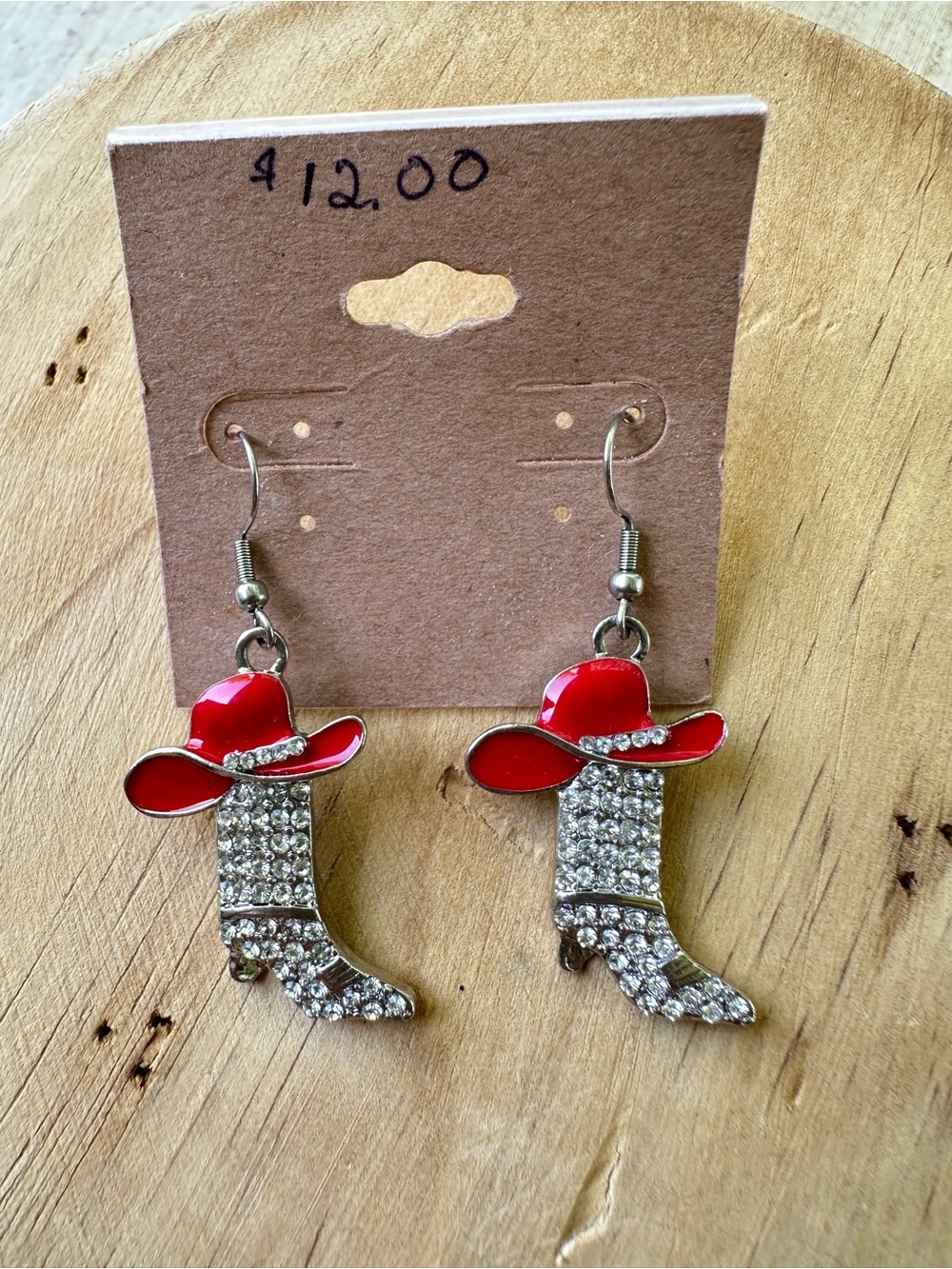 Red Cowboy Hat & Rhinestone Boot Dangle Earrings - Picture 3 of 6